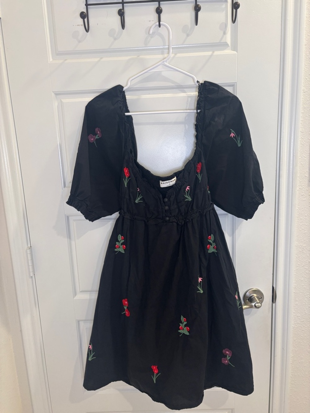 Cottagecore Black Embroidered Floral Puff Sleeve Babydoll Mini Dress L